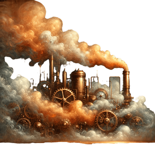 A hand-painted, steampunk-style illustration of billowing steam and smoke, rich with warm copper tones and industrial textures. The vapor swirls dynamically around intricate brass gears and pipes, glowing with subtle orange highlights as if lit by flickering gaslight. The painting style should mimic traditional concept art with visible brush strokes, soft edges, and a slightly weathered, vintage feel. The background features hints of a dimly lit factory, with atmospheric perspective fading into deep browns and blues. The steam itself appears thick, almost liquid, with a mix of transparency and volumetric density, evoking a sense of pressurized heat. Artstation trending, fantasy illustration, painterly style, warm lighting.
Single Game Texture.  In-Game asset.  2d.  Blank background.  High contrast.  No shadows