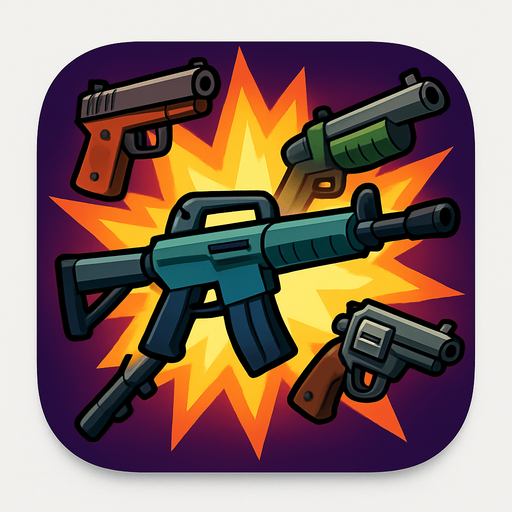 Modern App Store icon, high definition, square with rounded corners, for a game titled "Lots of Guns" and with the description "A frantic 2D shooter where you collect and use a huge variety of guns, each with unique effects, to survive endless waves of enemies and rack up the highest score.". No text on icon!