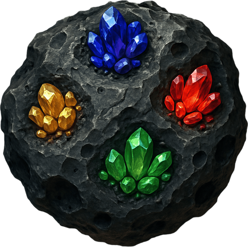 Uzay temalı asteroid, üzerinde cevherler bulunsun, gerçekçi, yazısız üstten görünüm. 
In-Game asset.  High contrast.  No shadows