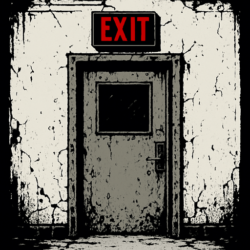 Make a door with a white wall like it was in an abandoned school on top of the door is a glowing red exit sign.
In-Game asset.  2d.  High contrast.  No shadows