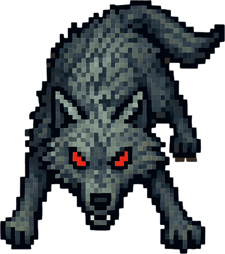 “Top-down 2D pixel art of a light gray wolf with glowing red eyes. The wolf is in an aggressive stance, body low and tense as if ready to pounce or stalking prey. Fur is rough and slightly wind-blown. Viewed directly from above, with visible head, back, legs, and tail. Designed as a game sprite with a hostile and wild appearance.”.
In-Game asset.  2d.  High contrast.  No shadows