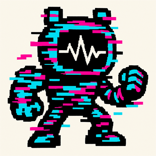 Glitch audio personificado como un enemigo.
In-Game asset.  2d.  High contrast.  No shadows