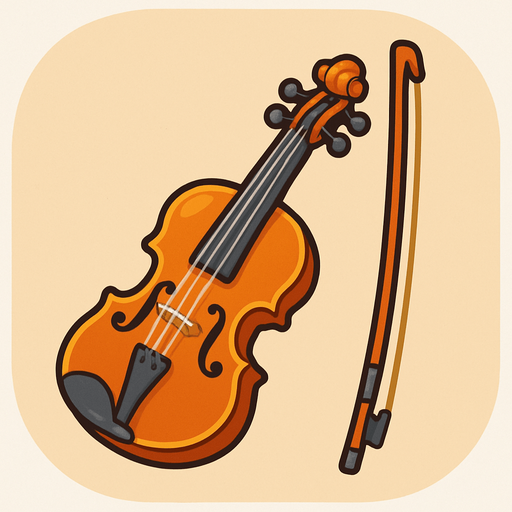 A colorful, cartoon-style 2D illustration of a classical violin with a bow beside it. The body should be rich brown with visible strings, pegs, and f-holes. Designed with soft shadows and rounded edges for use in a kids’ music game. Export as a transparent rounded background PNG..
In-Game asset.  2d.  High contrast.  No shadows