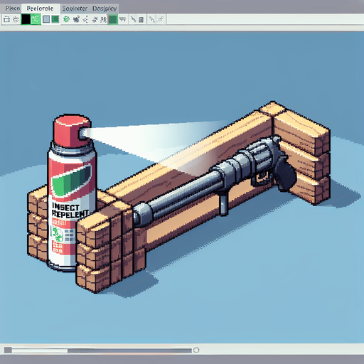 Genera un tipo de aerosol contra insectos que este acostado sobre dos pedazos de madera, como si fuese un cañon, tomalo de perfil mirando a la deracha y hazlo en pixel art.
Single Game Texture.  In-Game asset.  2d.  Blank background.  High contrast.  No shadows