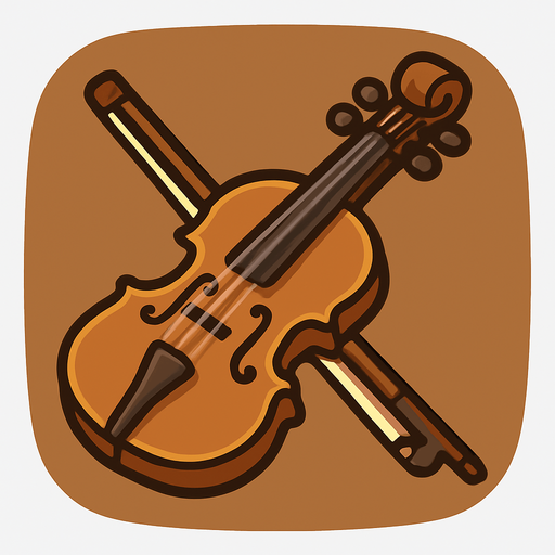 A cartoon-style 2D illustration of a traditional fiddle (similar to a violin) with a bow placed beside or over it. The fiddle should have a warm brown wooden body with visible f-holes, four strings, and tuning pegs. Add soft shadows, rounded edges, and a clean outline. The overall style should feel friendly and suitable for mobile games. Export the image as a transparent rounded brown background PNG, usable as a clickable icon in a music quiz game..
In-Game asset.  2d.  High contrast.  No shadows
