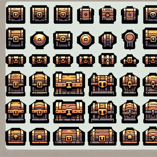 A spritesheet of various norse medieval or viking age looking treasure chest. Side view as for use in a platformer or endless runner game..
Single Game Texture. In-Game asset. 2d. Blank background. High contrast. No shadows.