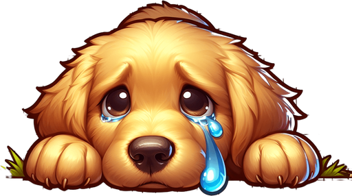 a sad crying golden retriever puppy. lying down. face on front paws. looking at viewer..
Single Game Texture. In-Game asset. 2d. Blank background. High contrast. No shadows.