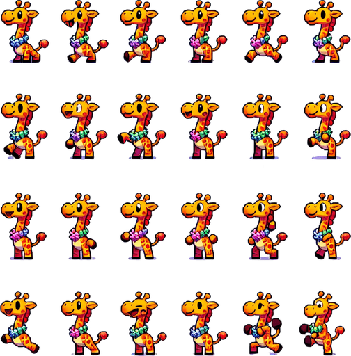 A spritesheet with a number of poses of a cartoonish giraffe with a seashell necklace, smiling, walking, waiting, standing, ordering, turning, etc. all seen from the side.The spritesheet should be laid out in a rectangular grid with clear space between each individual sprite. Each sprite in the sheet should be around 300x600 pixels in size..
Single Game Texture. In-Game asset. 2d. Blank background. High contrast. No shadows.