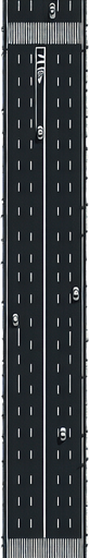 1. **Description Précise** : Je souhaite une représentation d'une route composée uniquement de l'asphalte, sans les éléments habituels qui délimitent les côtés de la route, tels que les trottoirs, les bordures, ou les lignes de démarcation latérales.

2. **Couleur et Texture** : Je souhaite que cette route soit de couleur noire. La texture est celle du goudron.

3. **Éléments de la Route** : Il n'y a pas de panneaux, juste un marquage centrale réglementaire blanc de délimitation entre le cote droit et le cote gauche. Il y a aussi 
 les marquages latéraux composés d'une ligne continue blanche réglementaire.

4. **Perspective et Dimension** : Je souhaite une vue de dessus, pas de perspective en 3D, ni de  vue en angle. Le sens est vertical, c'est à dire qu'on parcours la route en partant du haut vers le bas de l'écran. La largeur est quatre fois moins grande que la hauteur. La largeur de la route en haute l'écran est la même que la largeur en bas de l'écran.

5. **Contexte et Environnement** : il s'agit d'une route de campagne seule. On la regarde d'en haut et on ne voit que la route. L'image de la route commence et fini au bord de la route sur les quatre cotes..
Single Game Texture. In-Game asset. 2d. Blank background. High contrast. No shadows.