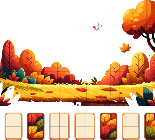 A background image for a puzzle video game depicting the season of fall. Cartoon.
Single Game Texture. In-Game asset. 2d. Blank background. High contrast. No shadows.