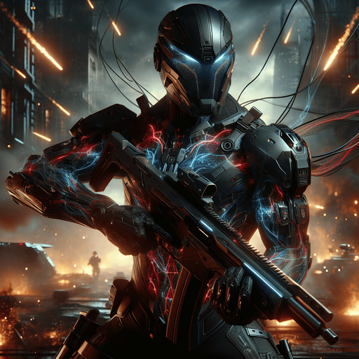 Create an image of a dynamic, powerful hero in a futuristic, action-packed setting. The hero is wearing a sleek, dark armored suit with metallic accents that reflect light. The suit features high-tech elements, such as glowing blue and red energy lines running across the chest and limbs, and advanced weaponry mounted on the arms. The hero’s face is partially visible behind a helmet with a visor, showing intense determination. They stand confidently in a battle-ready pose, with a backdrop of a city in ruins, engulfed in smoke and flames. In the hero's hand, there’s a futuristic gun that looks like a high-powered sniper rifle, glowing with energy. The atmosphere is tense, with sparks flying around as if from recent explosions.".
Single Game Texture. In-Game asset. 2d. Blank background. High contrast. No shadows.
