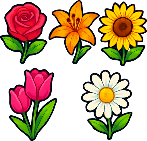 Blossom match with rose,lily,sunflower,tulips,and daisy. Vibrant..
In-Game asset.  2d.  High contrast.  No shadows