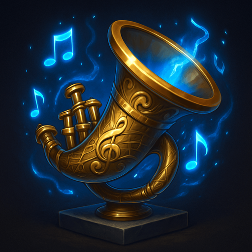 Create a detailed fantasy icon of a War Horn designed for a musical-themed tower defense game set in a haunted concert hall.

The horn should be ornate and elegant, resembling a mix between a classical brass instrument (like a French horn or trumpet) and a battle horn.

Crafted from polished brass or gold, with engraved musical symbols (clefs, notes, or swirling staff lines) along its surface.

The mouthpiece and flared bell should look slightly exaggerated, magical, or ceremonial.

Add glowing accents (blue, violet, or gold) or floating music notes around it to suggest it's enchanted.

The horn may rest on a pedestal, float slightly, or face outward ready to be sounded.

Background should be minimal or transparent. Icon must be square (256×256 or 512×512), clean and readable at small sizes.
Style: elegant fantasy UI, semi-realistic digital painting, matching the orchestral theme of the game..
In-Game asset.  2d.  High contrast.  No shadows