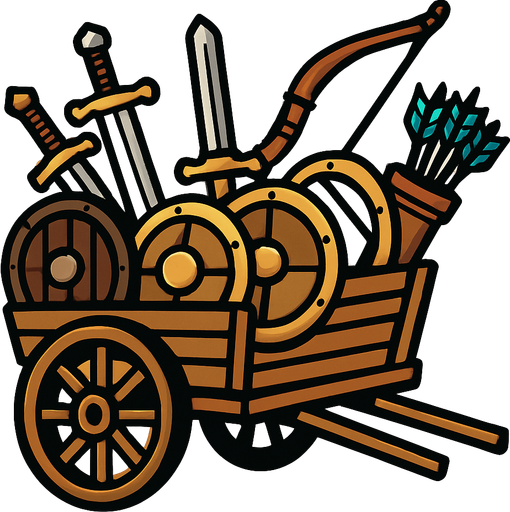 Kılıç kalkan ok yay gibi savaş malzemeleri taşıyan at arabası.
In-Game asset.  2d.  High contrast.  No shadows