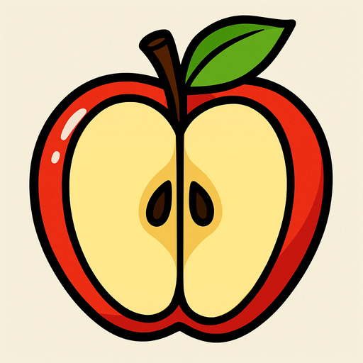 Manzana Fruta cortada a la mitad.
In-Game asset.  2d.  High contrast.  No shadows. Cartoon.