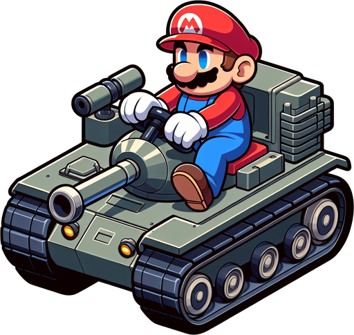 Mario driving a tank.
Single Game Texture.  In-Game asset.  2d.  Blank background.  High contrast.  No shadows