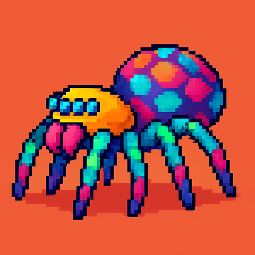 pixel art colorful spider sideview.
In-Game asset.  2d.  High contrast.  No shadows