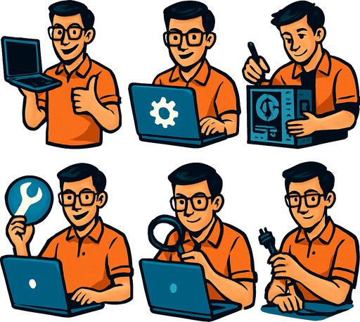 Bilgisayar teknikeri personel, 6 farklı resim olsun..
In-Game asset.  2d.  High contrast.  No shadows