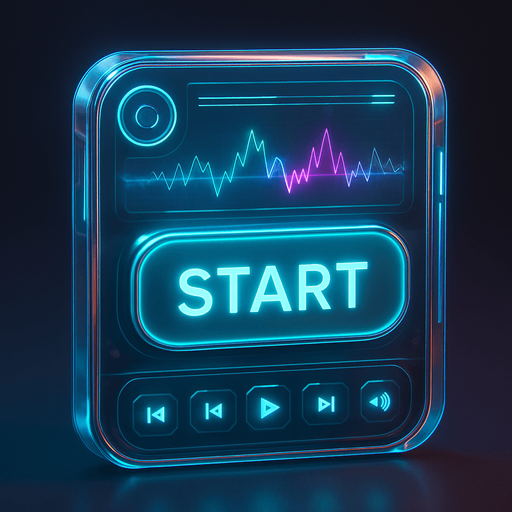 Start button in the shape of a protorealistic holographic futuristc music player.
Front view.