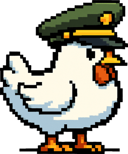 White chicken  military hat style 2d pixel 1980.
In-Game asset.  2d.  High contrast.  No shadows
