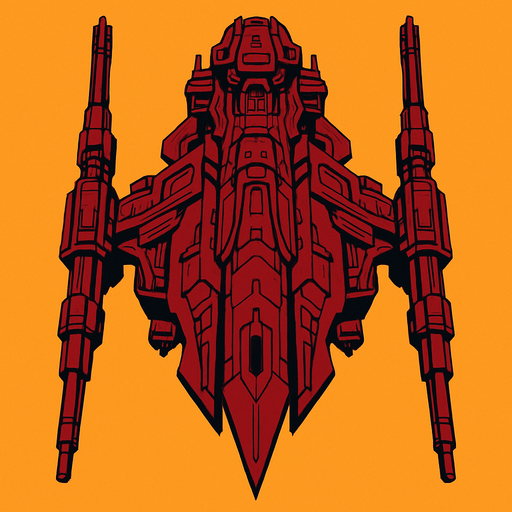 Giant bordeux ostentatious alien ship with ostentatious giant guns. Looking straightly down
In-Game asset.  2d.  High contrast.  No shadows