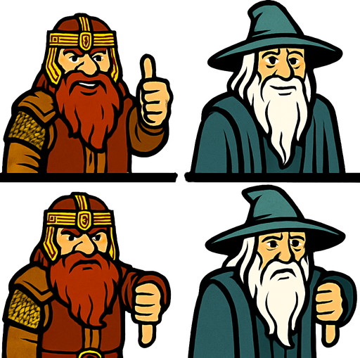 Divide the screen by 4. Every 4 frames, there is characters. Left side 2 frames, there is Gimli and Gandalf. They are smiling and one hand make thumb up. Right side 2 frames same Gimli and Gandalf here but they are sad and one hand make thumb down. In-Game asset. 2d. High contrast. No shadows.
In-Game asset.  2d.  High contrast.  No shadows