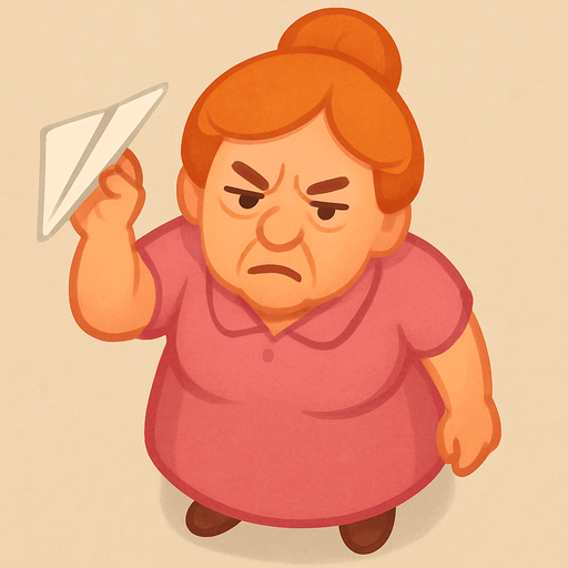 A lady ready to throw a paper plane. She has a pink dress and orange hair. She looks like she has been working in an office for 40 years. Make her look annoyed. Cute soft graphics. soft ambient light. semi-matte to satin surfaces. naturalistic with slight saturation boost colors. 
In-Game asset.  2d.  High contrast.  No shadows. top down. View from above.