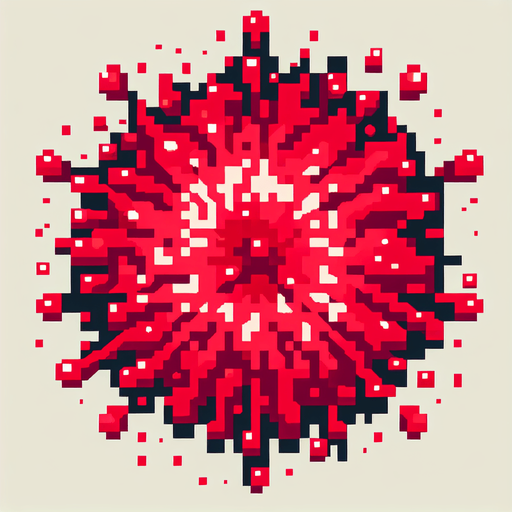 8-bit pixelated radial watermelon red juice explosion splash.
Single Game Texture. In-Game asset. 2d. Blank background. High contrast. No shadows.
