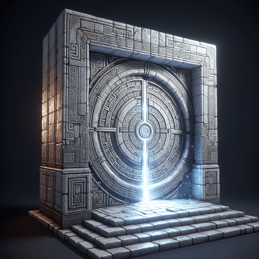 La porte d'Exit est un portail mystérieux et imposant qui se distingue par son atmosphère énigmatique. Elle est située à la fin du labyrinthe, là où la lumière semble devenir plus intense et où le suspense atteint son apogée.

    Structure : La porte est massive, faite de pierres anciennes et usées par le temps, avec des gravures mystérieuses sur les côtés. Elle semble être une sorte de portail magique, ses bords ornés de runes qui brillent faiblement dans l'obscurité. Les gravures changent légèrement lorsque le joueur s'en approche, comme si elles réagissaient à la présence du héros.

    Couleurs et lumière : L'exit émet une lumière douce mais persistante, un halo qui contraste fortement avec l'obscurité du reste du labyrinthe. La lumière n'est pas chaude, mais plutôt froide, avec des tons de bleu pâle et d'argent. Cela donne à la porte une allure à la fois apaisante et étrange. De petites étincelles flottent autour de la porte, comme si une force invisible était à l'œuvre..
Single Game Texture.  In-Game asset.  2d.  Blank background.  High contrast.  No shadows