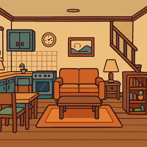 The inside of a quiet and peaceful house with no people inside.
In-Game asset.  2d.  High contrast.  No shadows