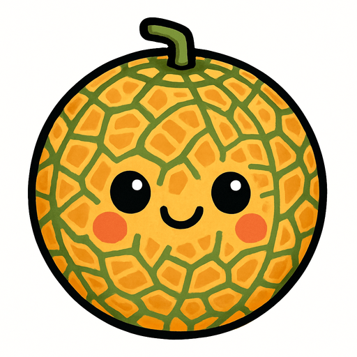 Circle cantaloupe with cute face.
In-Game asset.  2d.  High contrast.  No shadows