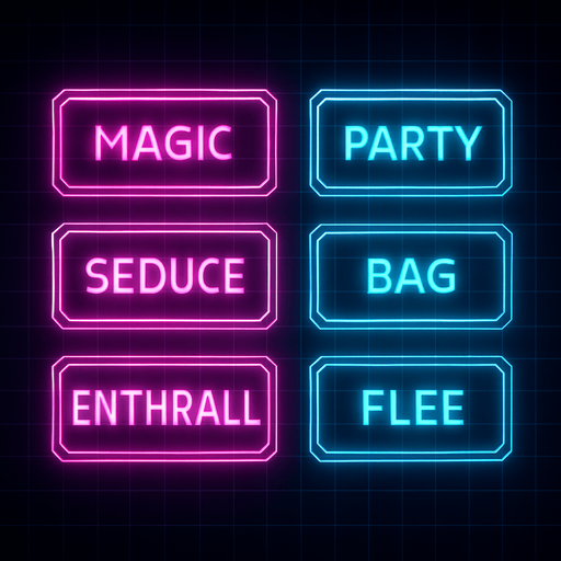 Neon cyberpunk combat menu MAGIC SEDUCE ENTHRALL PARTY BAG FLEE flat hologram glowing outline