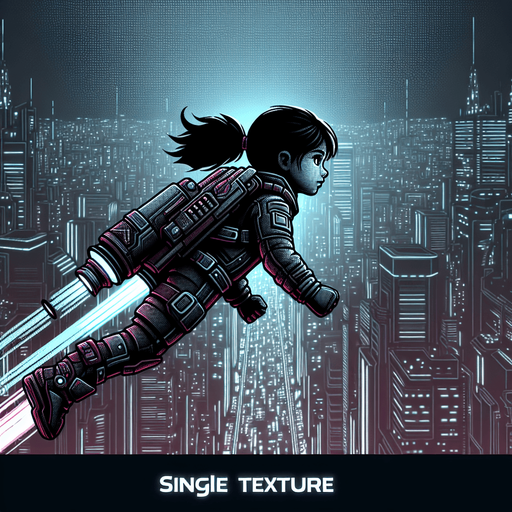 Horizontal Endless Runner Cyberpunk flying Kid with a jetpack.
Single Game Texture. In-Game asset. 2d. Blank background. High contrast. No shadows.