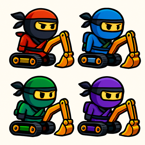 Different frames of a ninja digger, different colors, HD colors.
In-Game asset.  2d.  High contrast.  No shadows