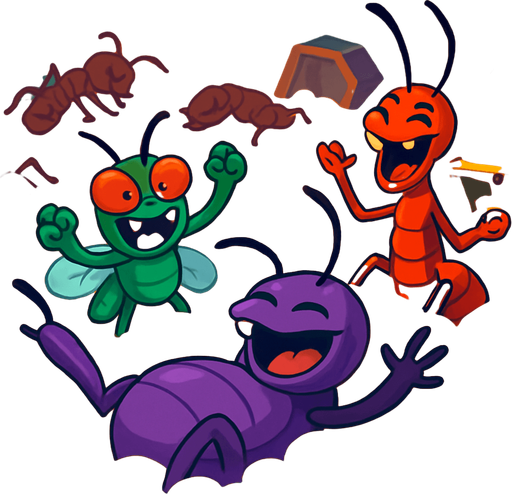 When the evil insects win, they celebrate by swimming in piles of gold coins. Cartoonish, colorful, and fun scene. In the background, defeated allied ants and the lost treasure atmosphere. Filled with vibrant colors and animated details..
In-Game asset.  2d.  High contrast.  No shadows