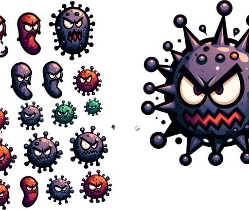 make a cartoony enemy germs..
Single Game Texture.  In-Game asset.  2d.  Blank background.  High contrast.  No shadows