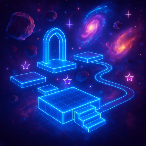 3d hologram neon cyberpunk starlight magick galaxy overlay projection asteroid starfield Platforming magical dimension pathway level obstacle layout videogame Map space layout magical mystical cosmic colorful glowing scene blackhole supernova nebula galaxies universe