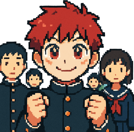 A cute 15-year-old red-haired boy with red eyes, wearing a traditional Japanese school uniform (gakuran). He has a big closed-mouth smile, shining eyes, and clenched fists held forward, as if encouraging himself. Behind him, other Japanese students can be seen. The scene is illustrated in Pixel Art style..
In-Game asset.  2d.  High contrast.  No shadows