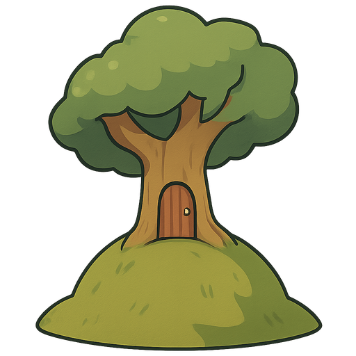 A tree with a door on top of a hill. No background. Transparent background. Blank background. No shadows. 2d. In-Game asset. flat