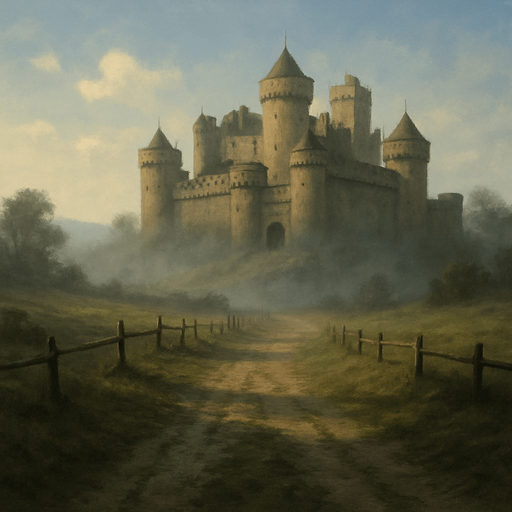 Krallık oyunu başladıktan sonra kullanılacak, arka planda bir kale olan ama çok karanlık veya kasvetli görünmeyen, hafif sisli ve tarihi atmosferli bir sahne. Gökyüzü açık ya da hafif bulutlu, renkler doğal ve dengeli olmalı.”