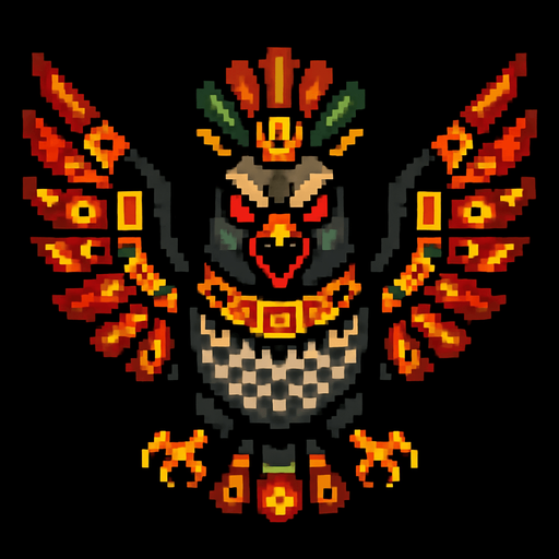 Genérame una paloma guerrero azteca con eso patrones, estilo pixelar, con una apariencia maligna, ojos rojos, rabioso. Unidad aerea con alas. Animal.
In-Game asset.  2d.  High contrast.  No shadows