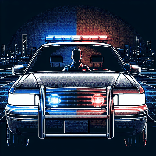 front of a police car with a silouhete of a driver.
video game style