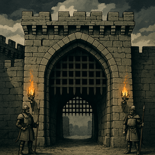 A massive medieval stone gate with iron portcullis, guards watching travelers, torches burning in brackets, heavy clouds above, realistic.
In-Game asset.  2d.  High contrast.  No shadows