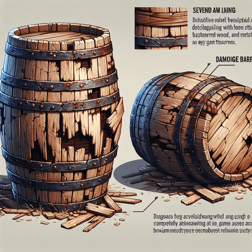 western destroyed barrel.
Single Game Texture. In-Game asset. 2d. Blank background. High contrast. No shadows.