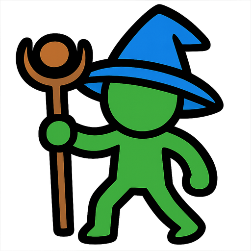 Green stickman with a blue wizard hat and a staff; no eyes.
In-Game asset.  2d.  High contrast.  No shadows