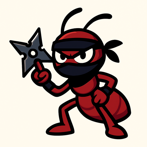 elinde shuriken olan ninja karınca.
In-Game asset.  2d.  High contrast.  No shadows