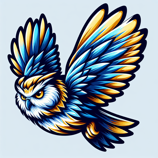 flying owl with blue gold color mix asset.
Single Game Texture.  In-Game asset.  2d.  Blank background.  High contrast.  No shadows