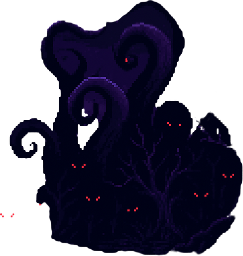 "High-quality 2D pixel art background set at night, with a dark purple atmosphere and eerie lighting. The environment features twisted, dead and infected trees in dark purple and black tones, their branches gnarled like claws. Emerging from the landscape are large, shadowy octopus-like tentacles in shades of violet, wrapping through the trees and terrain. Red glowing eyes are scattered throughout the darkness, hiding within the shadows and between the branches. The scene is ominous and unsettling, perfect for a dark fantasy or horror-themed RPG. Style is detailed 16-bit pixel art, with strong contrast and a moody color palette.
In-Game asset.  2d.  High contrast.  No shadows