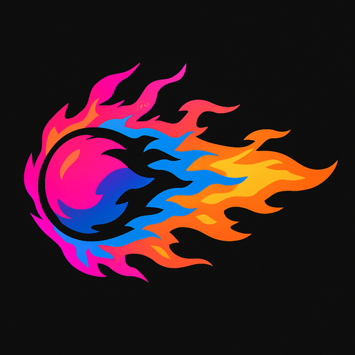 pink blue black and orange mixed horizontal fire ball.
In-Game asset.  2d.  High contrast.  No shadows