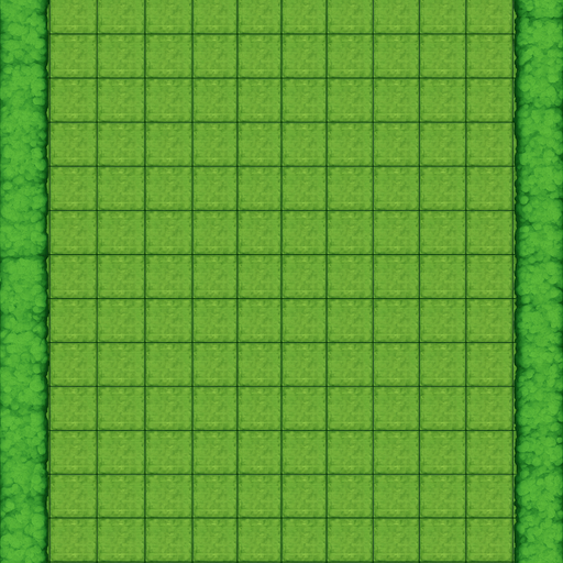 Crea una cuadricula de 28 x 35, en cada cuadrado añade un bloque de cesped. En los cuadros de los lados añade algunos arbustos. La dimension de la imagen debe ser de 2048 x 2732 pixels.
In-Game asset.  2d.  High contrast.  No shadows